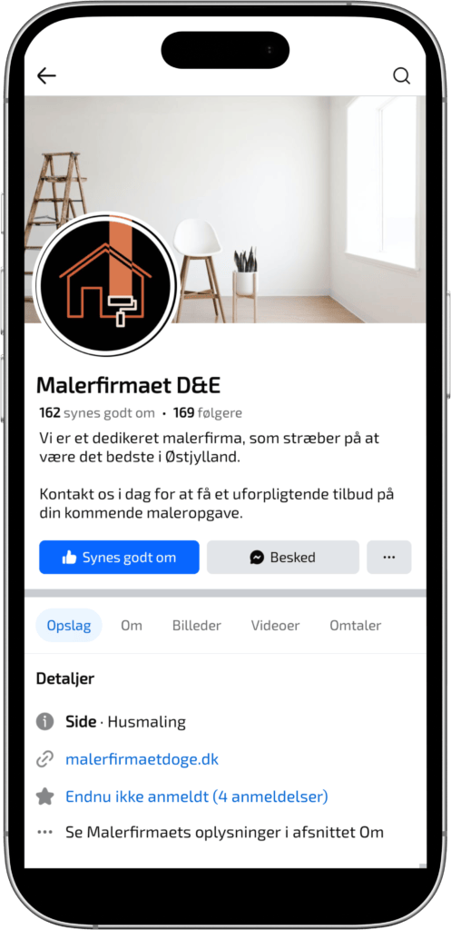 Malerfirmaets Facebook-profil med kontaktoplysninger og tilbud